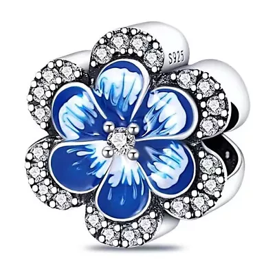 925 Sterling Silver Blue Pansy Flower Charm Crystal Forget Me Never Bloom Bead • £15.95