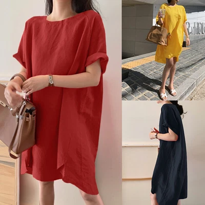$22.98 • Buy ZANZEA Womens Cotton Linen Short Sleeve Summer Casual Loose Party Mini Dress HOT
