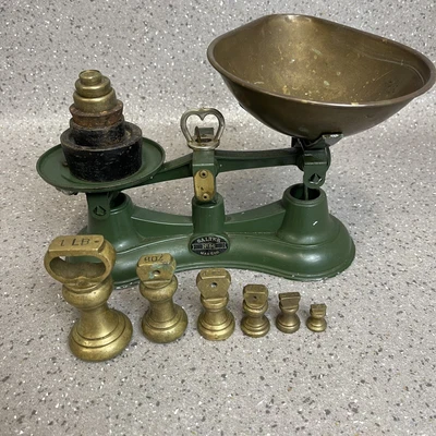 £39.95 • Buy Salter Green Vintage Kitchen Scales Cast Iron & Brass Bell & Round Iron Weights