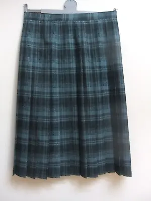 EWM Pleated Skirt Size 14 Petrol Blue Slate Grey Check Plaid Tartan Lined • £9.99