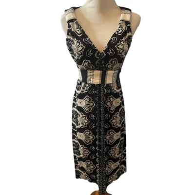 $38 • Buy Eva Franco Empire Waist Dress Black White Cotton Stretch V-Neck Size 6