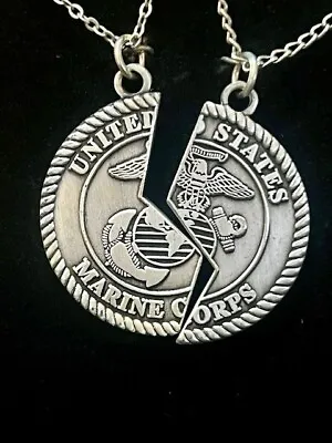 Marine Corps Two Piece Heart Mizpah Coin Pendant Necklace Boxed • $13.59