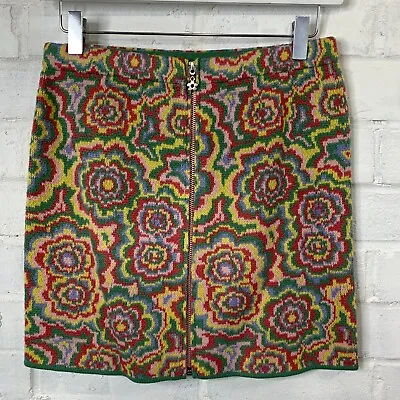 The Ragged Priest Multicoloured Knit Mini Skirt Front Zip Small Hippie Floral • £29.99