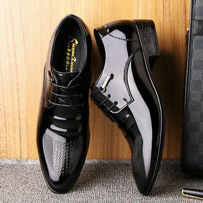 2022 New Mens Black Lace Up Oxfords Dress Tuxedo Formal Shoes Patent Leather UK • £23.99