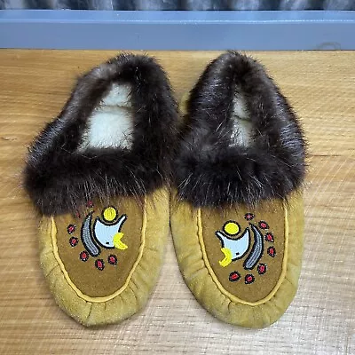 Leather Fur Rimmed Moccasins Sheepskin Lined Eagle Beaded Slippers 11.5  Long • $28