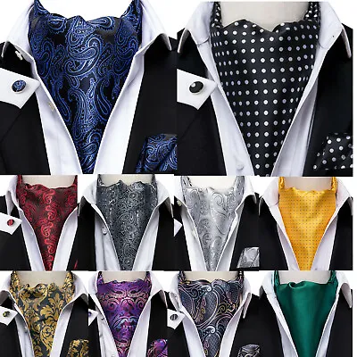 USA Men's Ascot Cravat Tie Silk Paisley Floral Check Hanky Cufflinks Set Wedding • $11.99