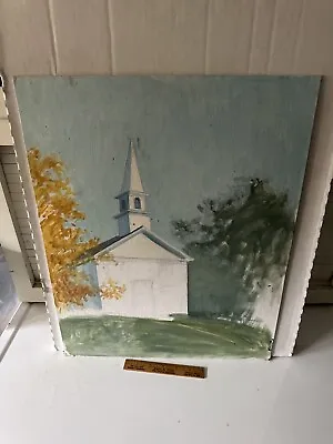 Vintage Oil Painting On Canvas Board White Church Landscape By Priscilla Harris • $25