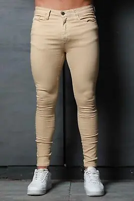 £16.99 • Buy Mens Super Stretch Denim Designer Spray Ons Tight Camel Sand Tan Skinny Jeans 