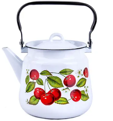 Cherry Enamel Teapot Stovetop Kettle Vintage Enameled Tea Pot 3.7 Qt Red Berry • $39.95