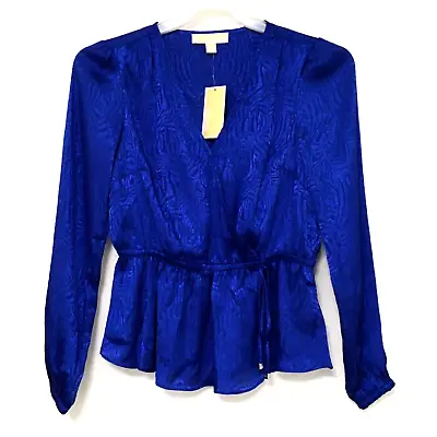 Michael Kors S Royal Blue Cross Over V-Neck Long Sleeve Elastic Waist Blouse NWT • $19.99