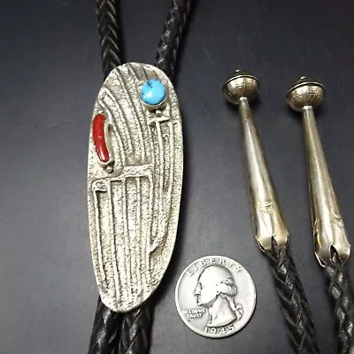 JOHN HORNBEK Tufa Cast Sterling Silver BRANCH CORAL & KINGMAN TURQUOISE BOLO Tie • $429