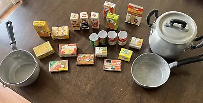 Vintage Pretend Play Kitchen Shop Grocery Mini Brand Food Boxes And Cookware Lot • $35