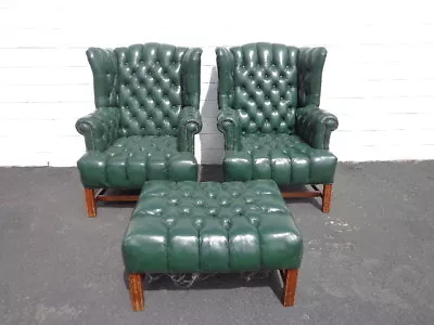 3pc Handsome Deep Tufted Leather Wingback Armchairs Chair Seating Chesterfield • $3799