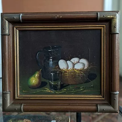Framed De Mazia Signed Vtg Canvas Oil Painting Still Life Egg Fruit Food Mid Cen • $48