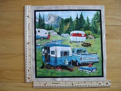 Retro Trailers Campers Mountains Creek  Pickup (B) Cotton Quilt Fabric Block • $2.25
