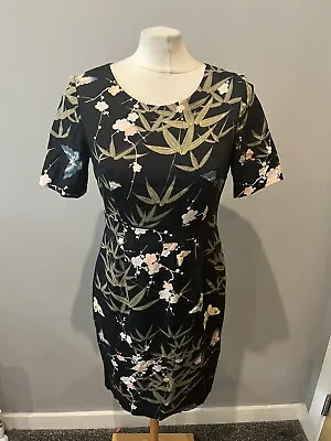Ladies Oasis Black Pink Green Floral And Butterfly Pattern Midi Zip Up Dress 12 • £10