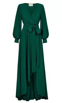 Womens Custom Made Gown Green Cotton Balloon Cuffs Sleeves Dress Cocktail Attire • $648.71