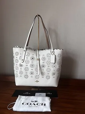 Coach 25195 Tote Large Leather Handbag Cut Out Tea Rose White Ivory Floral Beads • $200