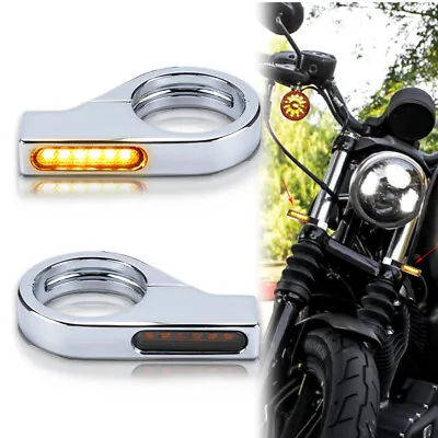 2X Chrome Motorcycle Front 41mm LED Turn Signal Fork Tube Clamp Amber Light Lamp • $24.98