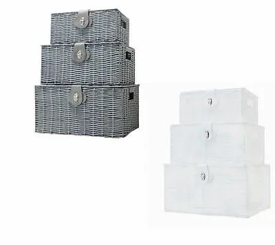 £21.99 • Buy Set Of 3 Storage Basket Resin Wicker Woven Hamper Box With Lid & Lock Stackable
