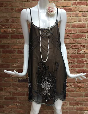 River Island Black Mesh Beaded Flapper Gatsby 1920s Dress Size 14 Fits 10-12 • £40