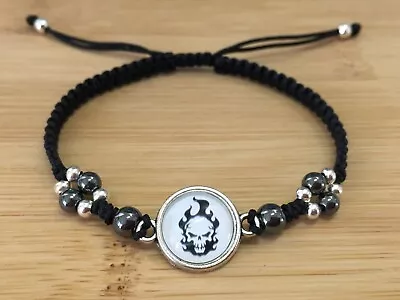 Men Black Braided Adjustable Shamballa Bracelet - Bold Flaming Skull Design • $12.49