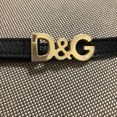 DOLCE & GABBANA D&G Logo Gold Buckle Thin Narrow Belt Black Leather 29-33 In • £141.73