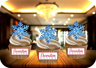 Snowflake - 12 PREMIUM STAND UP Edible Wafer Icing Cake Toppers Christmas Snow • £3.79