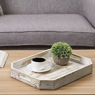 Shabby Whitewashed Wood Serving Breakfast Tray W/ Cut-out Handles & Angled Edges • $33.99