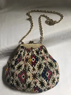 VINTAGE Geometric Tapestry Gold Tone Frame Clutch Bag Handbag Gold Chain • £18.79