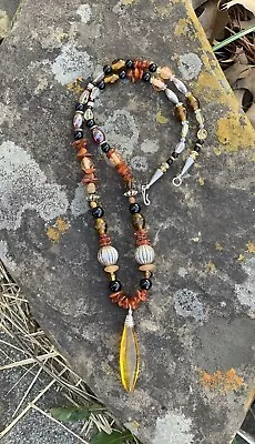 Vintage Artisan Sterling Silver With Amber • Tigers Eye & More Necklace 23.5” • $56