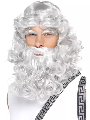 Roman Greek God Zeus Wig Beard Eye Brows Long Grey Mens Fancy Dress • £21.99