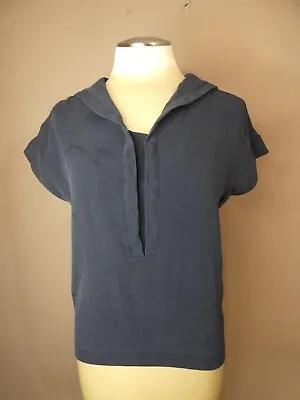 VTG Chanel Boutique XS Navy Blue Silk Sailor Collar Blouse Short Sleeve Top • $149