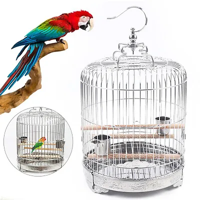 $55.75 • Buy Stainless Steel Bird Round Cage Parrot Travel Carrier Perch W/Cup+Chassis Silver
