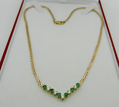 17.5  Long Necklace With Round Cut Natural Diamond & Emerald In Solid 14k Gold • $795