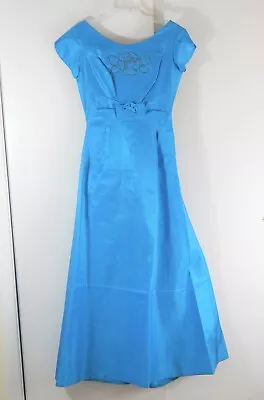 Vintage 60s MIKE BENET Formal Dress Prom Party Cocktail Satin Embroidered Blue S • $17.59