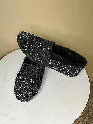 $31 • Buy Toms Alpargata Faux Fur Wool Blend Fuzzy Lined Speckled Black White Flats 8