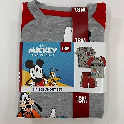 Mickey Mouse 3 Piece Pajama Set 18M Graphic Shirt And Shorts Red Gray Print 18M • $12