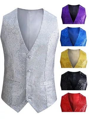 Men's Slim Fit Sequins Vest V-Neck Shiny Party Dress Suit Stylish Vest Waistcoat • $21.37