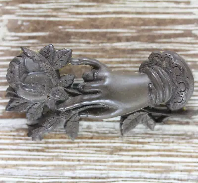 Antique Victorian Vulcanite Gutta Percha Hand Flower Mourning Brooch Sterling • $295.80
