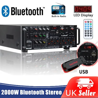 Bluetooth HiFi Power Amplifier 2CH USB SD Stereo Karaoke Theater Car Home 2000W • £39.80