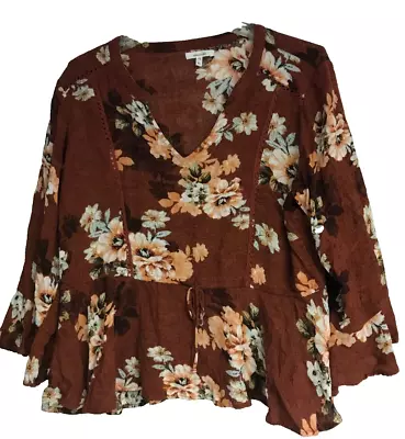 Maurices Womens Floral Peplum Top XL Brown Embroidered • $9.99