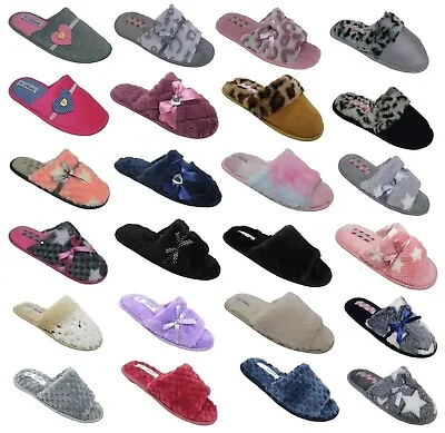 Womens Slip On Slippers Ladies Closed Open Toe Indoor Bedroom Mules Sizes Styles • £6.99