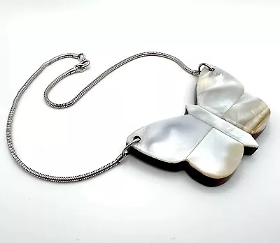 Vintage Artisan Butterfly Necklace Chocker Mother Of Pearl & Wood Beautiful! • $16.99