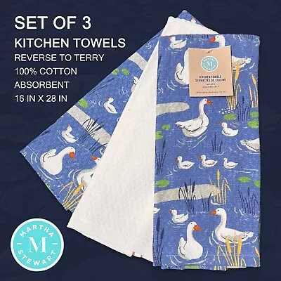 3-PK New Martha Stewart Reverse Terry Kitchen Towels Blue White Geese In Pond • $18.99