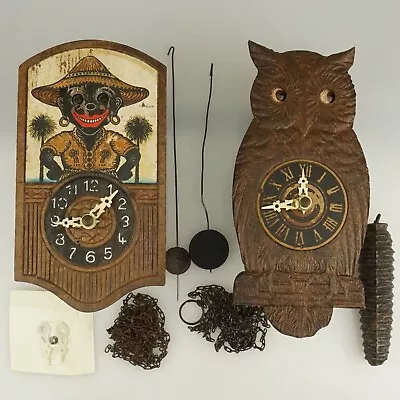 LOT 2x MOVING EYES Pendulette Clock African Man Owl No Repeater Fusee Duplex RAR • $380