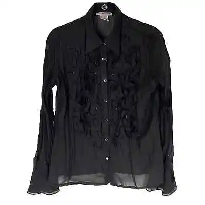 Vintage Y2K Black Long Sleeve Sheer Crinkle Ruffle Accent Button Front Blouse • $30