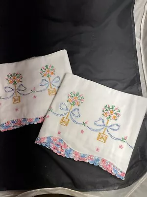 Vintage Linens- Set Of 2 PILLOW CASE- Hand Embroidery-Crochet Standard Size • $15
