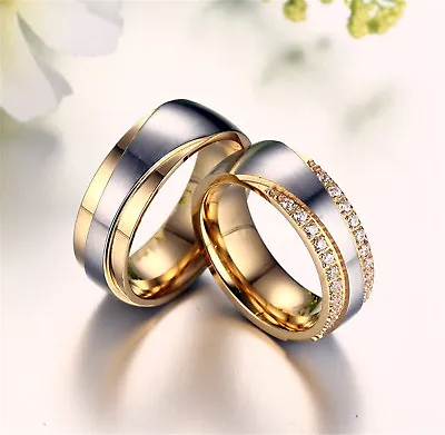 Titanium Steel Gold&Silver Zircon Personalized Lover Couple Promise Rings 5-13 • £6.83