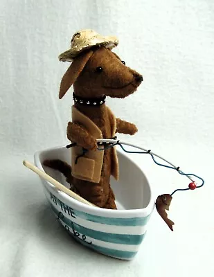 Felt Dachshund Red Brown Sculpture Gone Fishing Father's Day Summer Lake Decor • $25